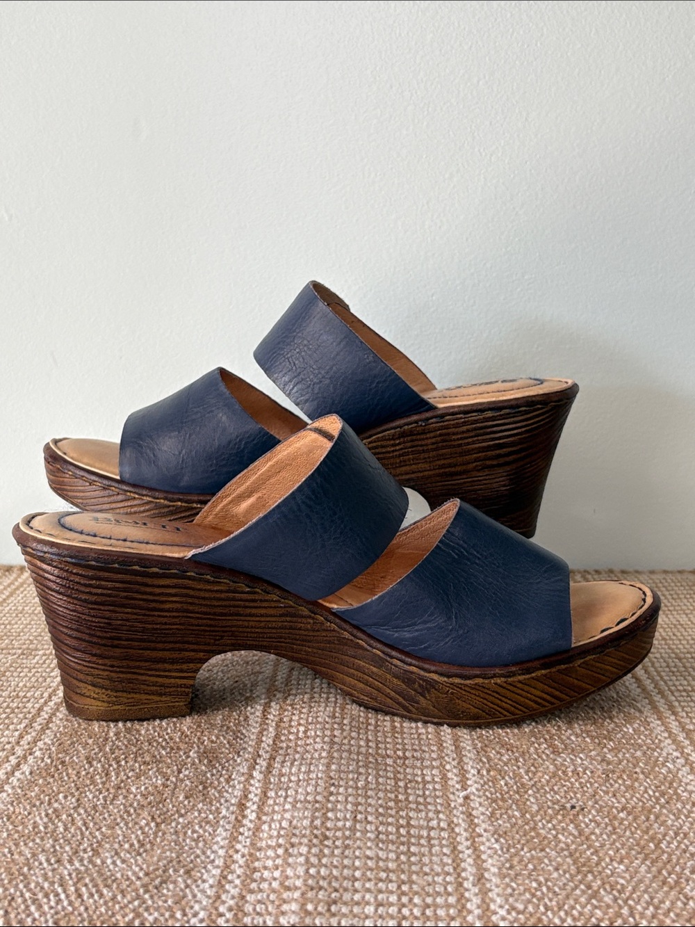 Born Navy Blue Leather Double-Strap Wedge Sandals; Adjustable buckles Size-8 - Picture 5 of 12